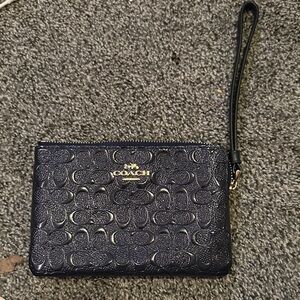 Coach Black Embossed Signature Wristlet with Gold Logo